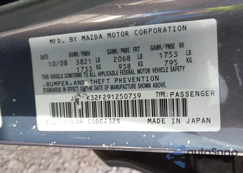 2009 Mazda Mazda3 I z USA, uszkodzony, nr VIN JM1BK32F291250739